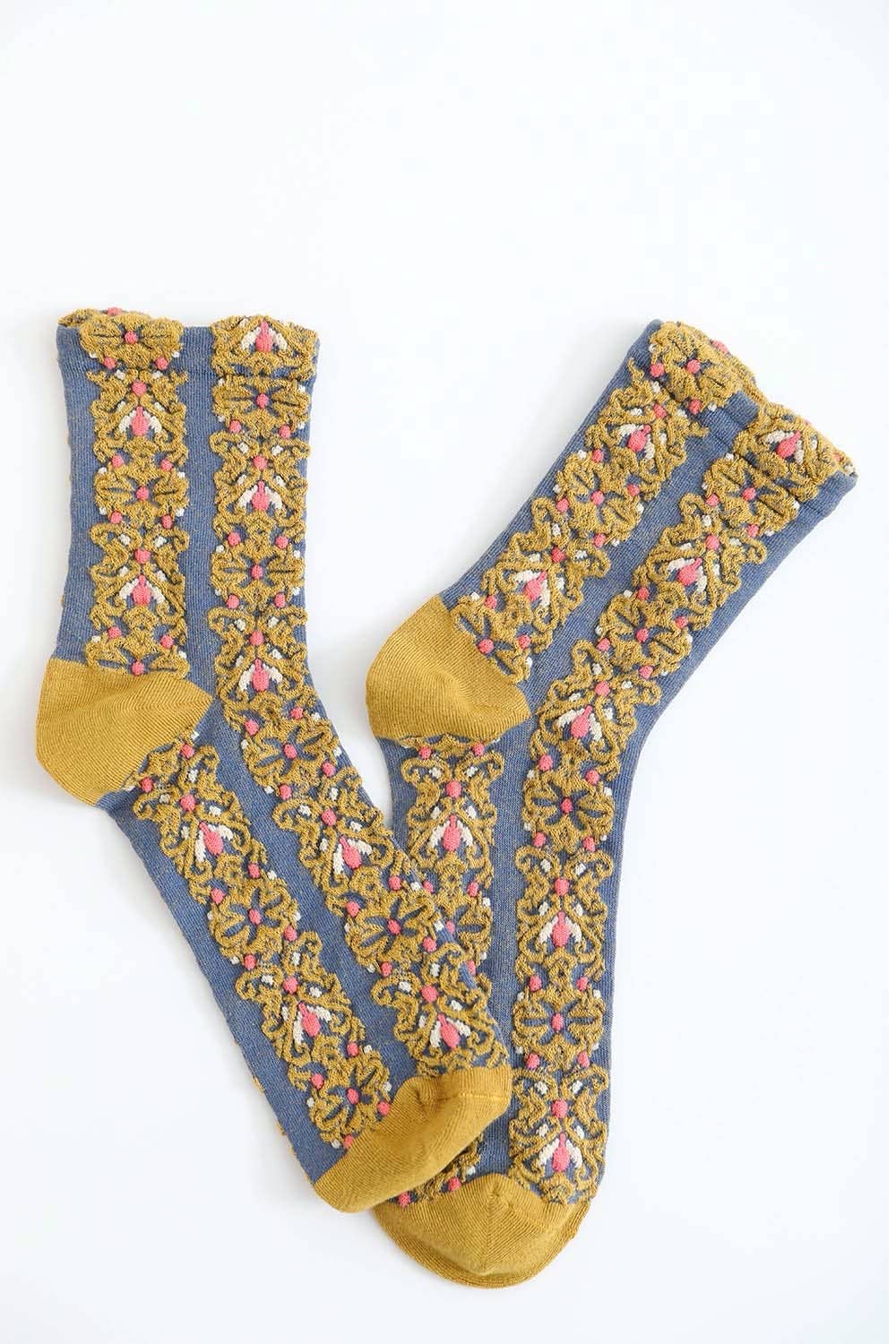 Embroidered Flower Pattern Socks: Beige