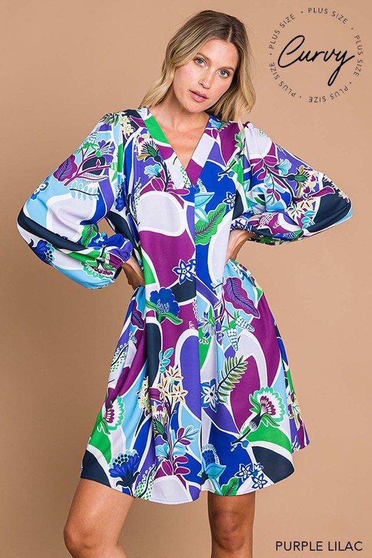 Plus Size Air Flow Printed V Neck Puff Sleeve Dress