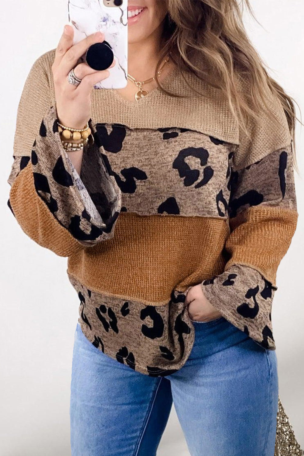 Online Only - Light French Beige Plus Size Leopard Colorblock Patchwork Wide Sleeve Top