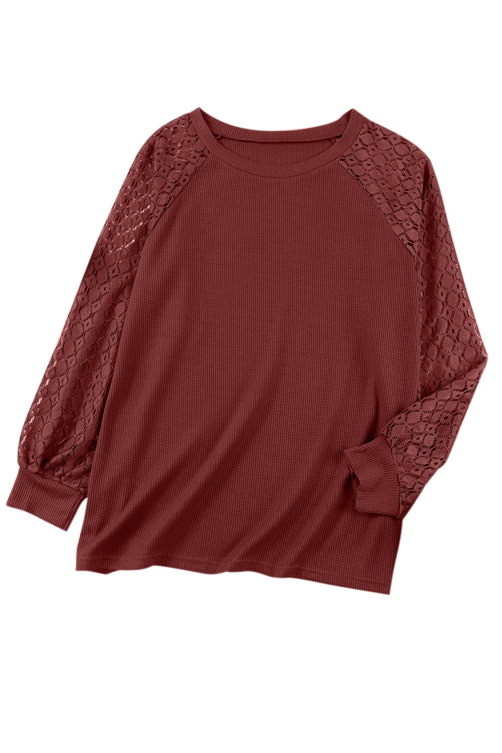 Online Only - Red Plus Size Contrast Lace Sleeve Waffle Knit Top