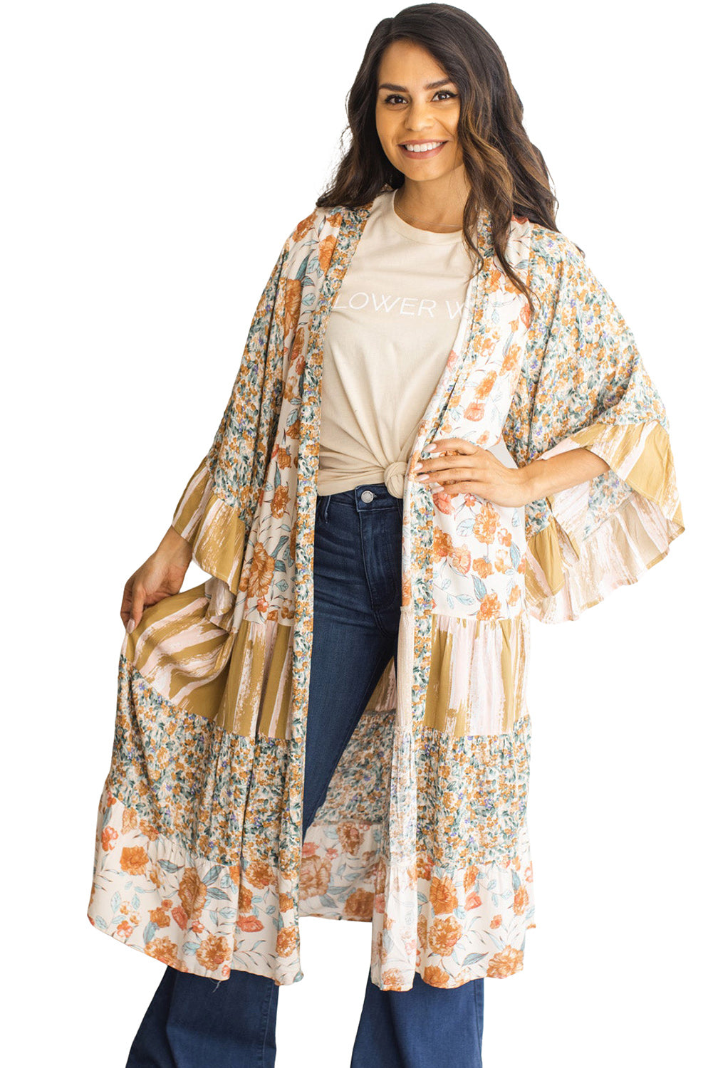 Multicolor Wide Sleeve Mixed Floral Print Long Kimono
