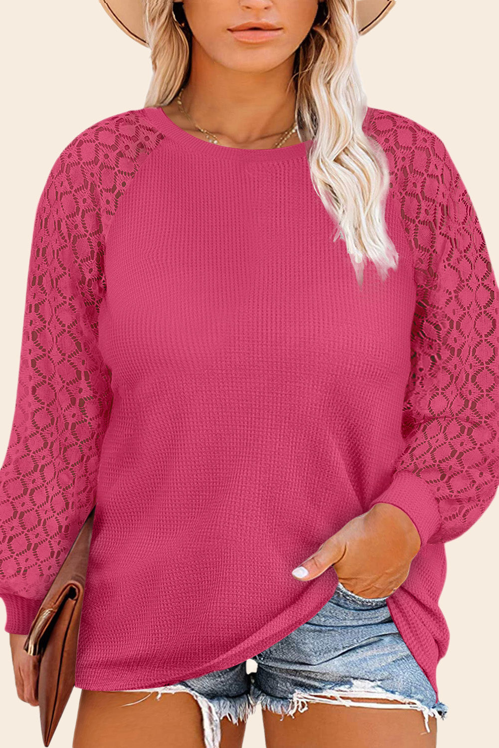 Online Only - Strawberry Pink Plus Size Contrast Lace Sleeve Waffle Knit Top