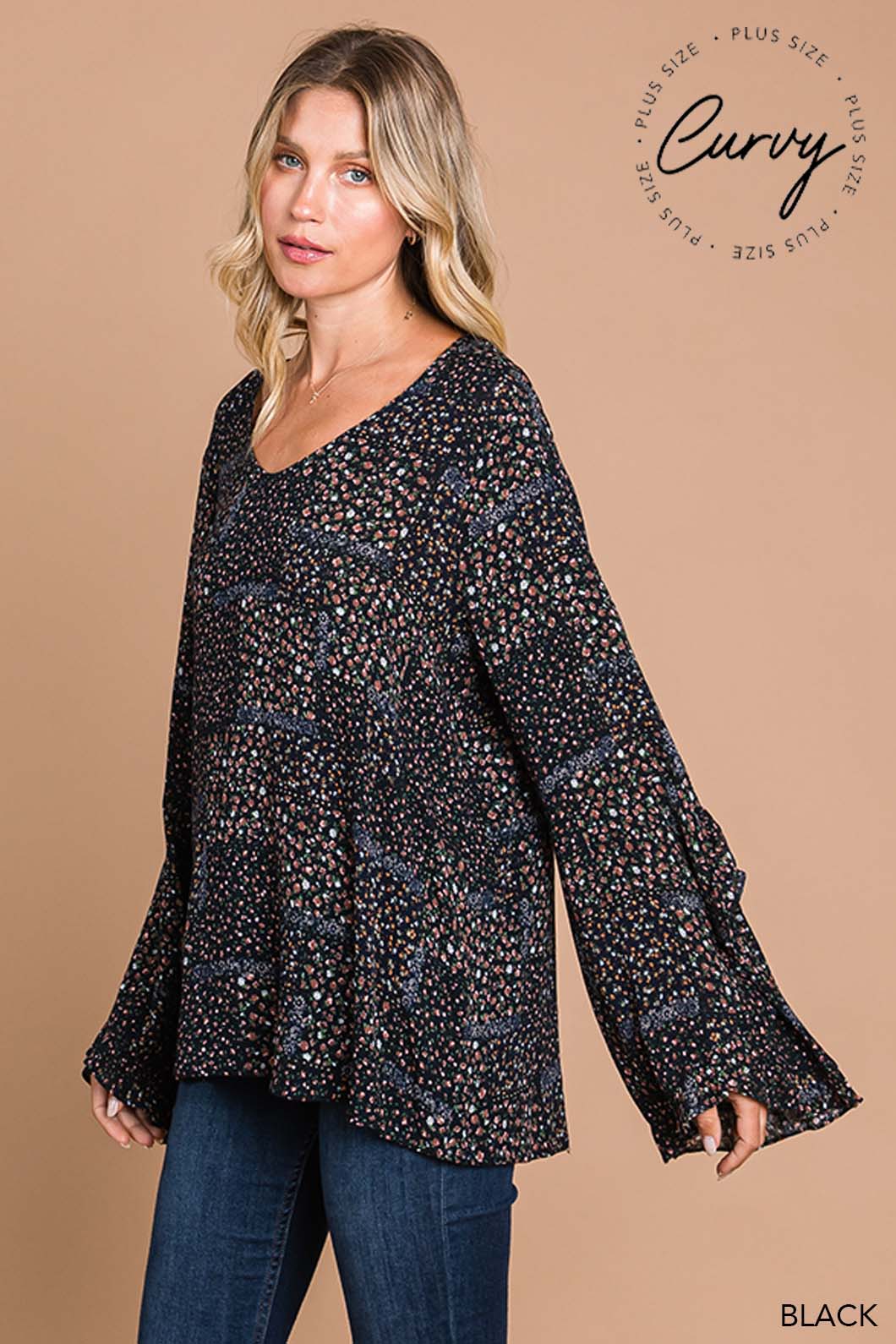 Women's Floral Print Statement Ruffle Bell Sleeve V Neck Top