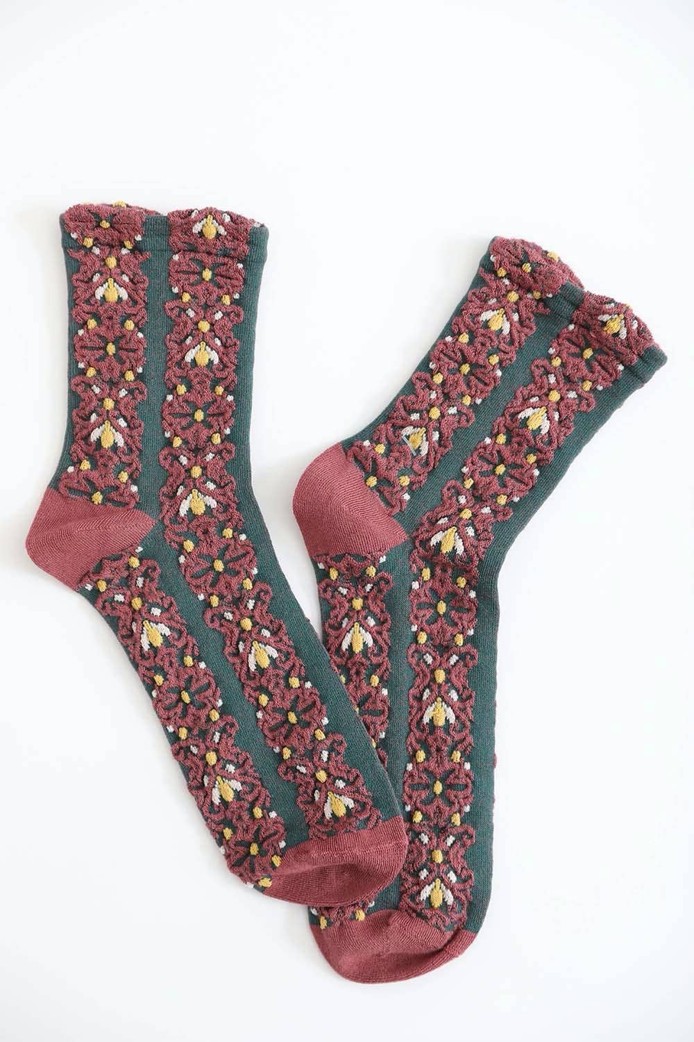 Embroidered Flower Pattern Socks: Mustard