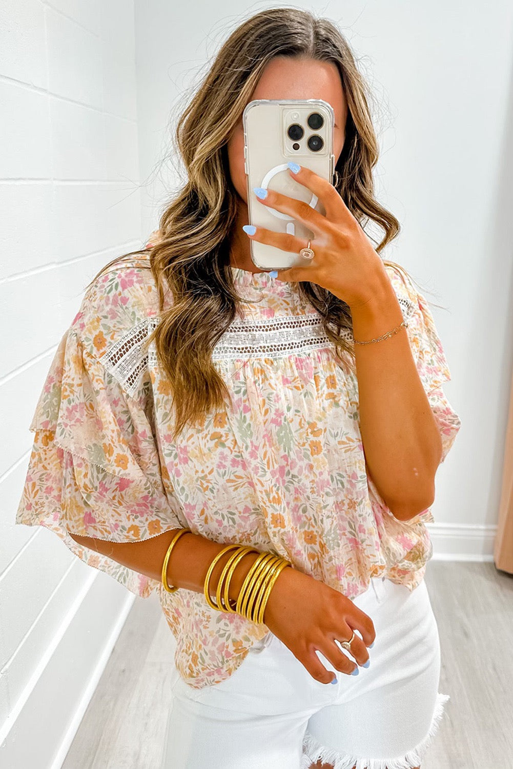 Multicolor Floral Print Wide Ruffle Sleeve Blouse