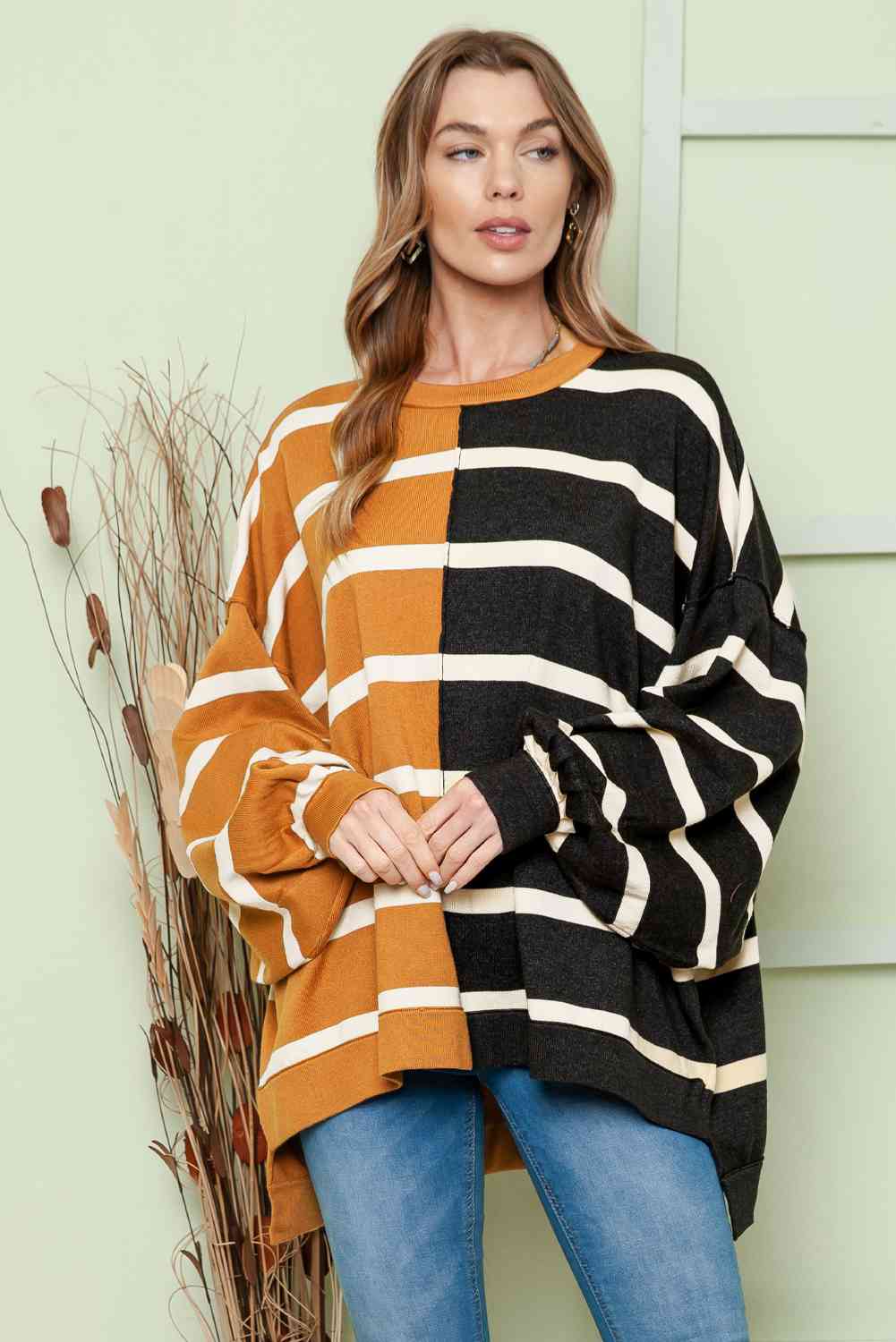 ONLINE ONLY - Striped Dropped Shoulder Round Neck Blouse