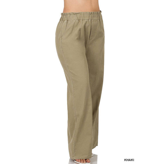 Stone Washed Canvas Paperbag Wide Leg Pants - Plus