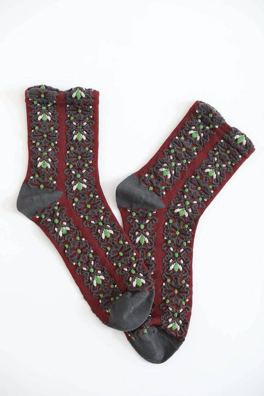 Embroidered Flower Pattern Socks: Navy