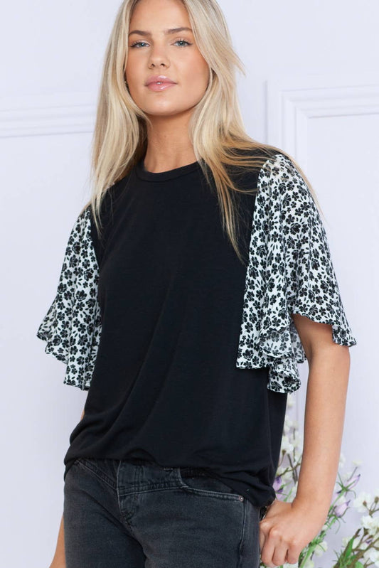 Solid Floral Contrast Short Sleeve Top
