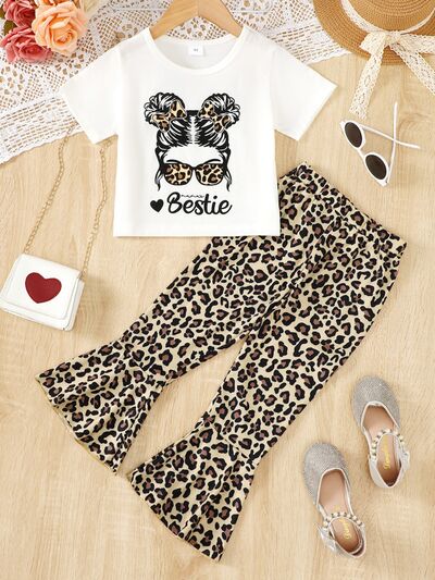 ONLINE ONLY - BESTIE Round Neck T-Shirt and Leopard Pants Set