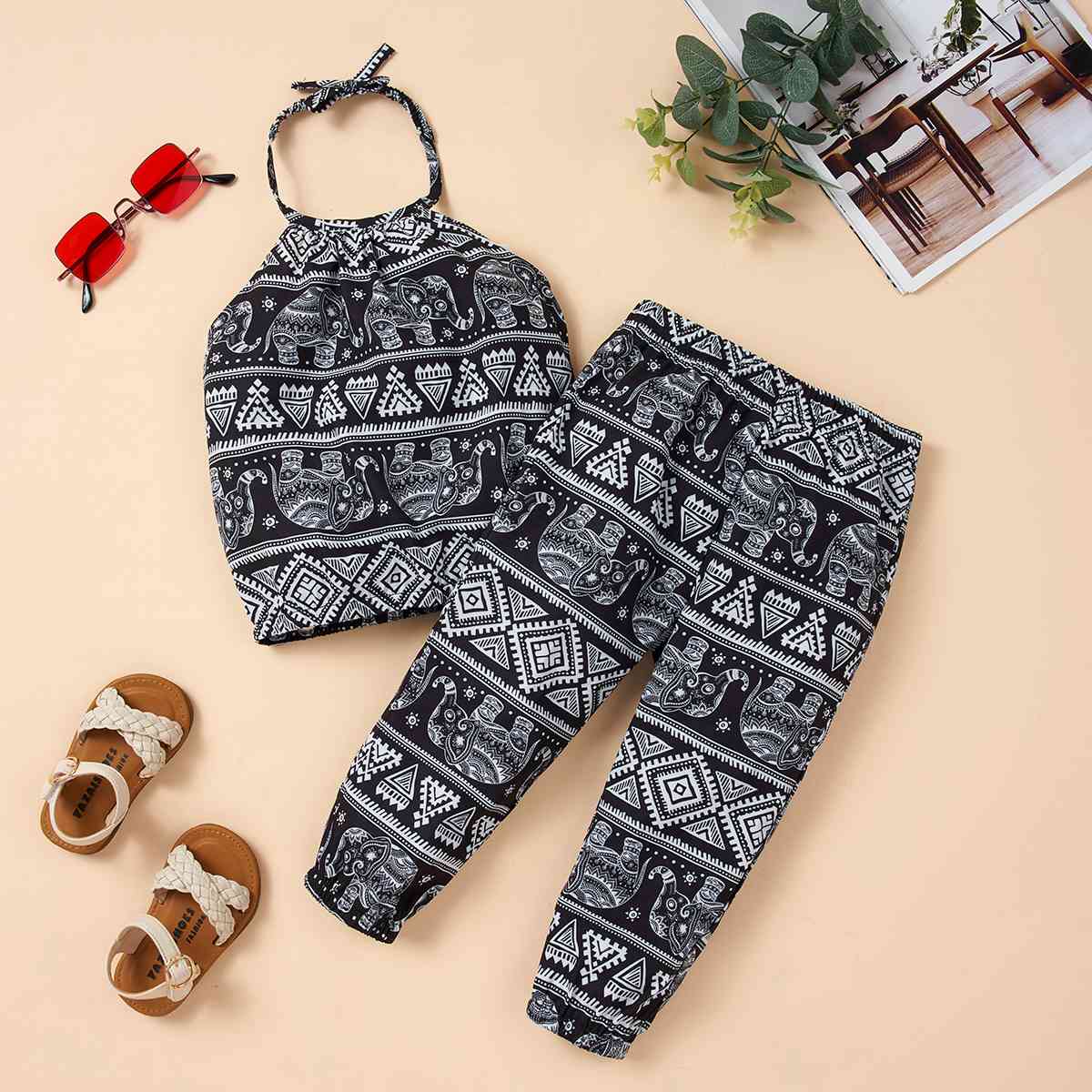 ONLINE ONLY - Printed Halter Neck Top and Pants Set