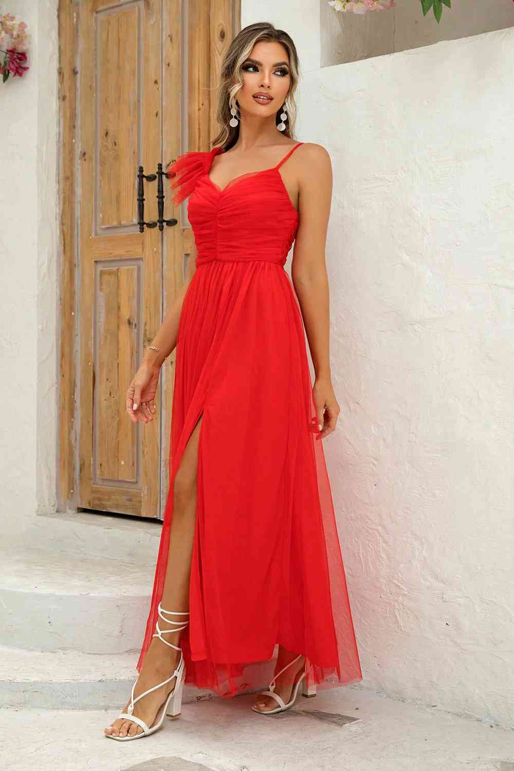 Online Only - Asymmetrical Ruched Slit Dress