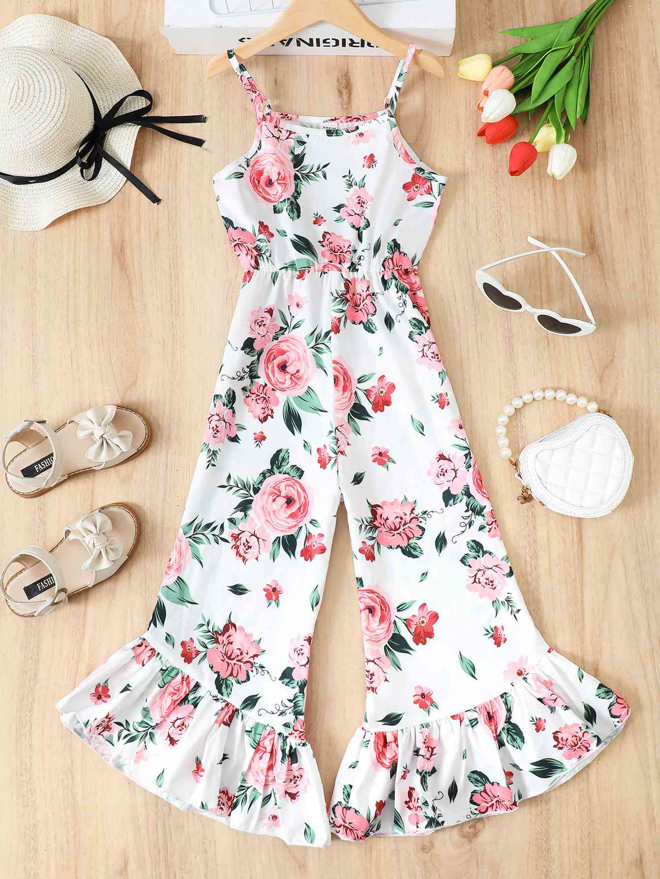 ONLINE ONLY - Floral Spaghetti Strap Flare Leg Jumpsuit