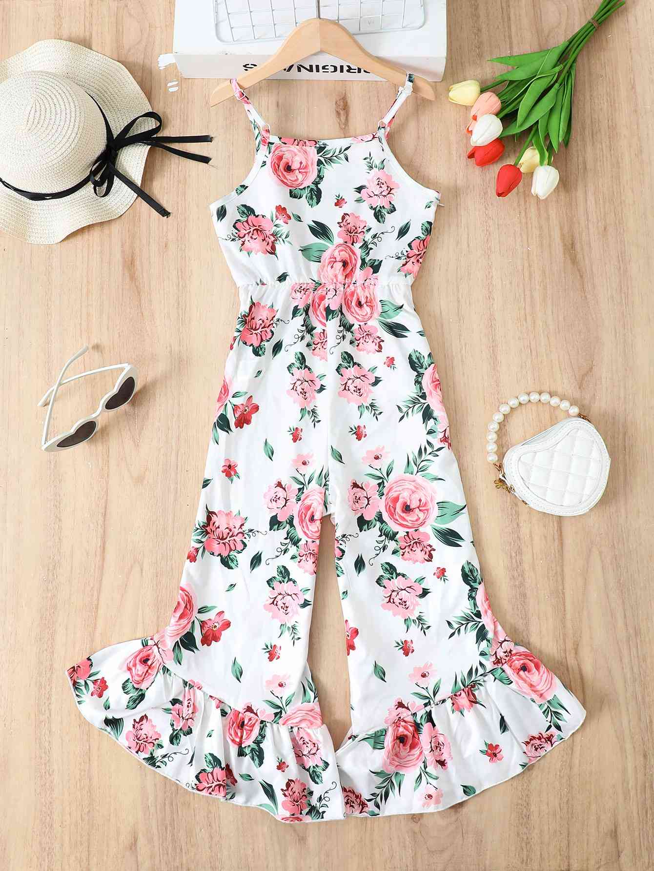 ONLINE ONLY - Floral Spaghetti Strap Flare Leg Jumpsuit