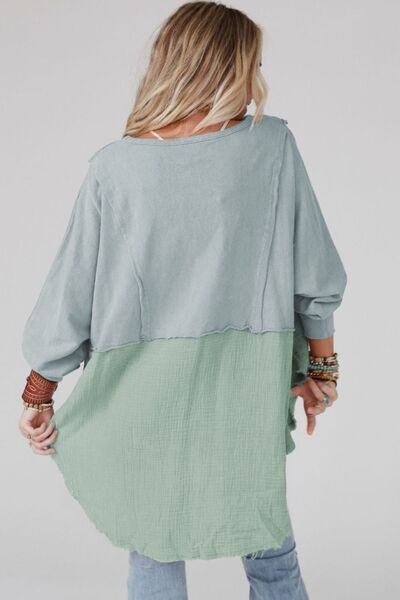 ONLINE ONLY - Contrast Texture Round Neck Long Sleeve Blouse