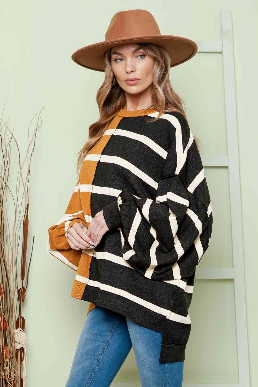 ONLINE ONLY - Striped Dropped Shoulder Round Neck Blouse