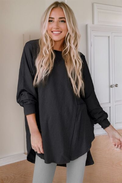 ONLINE ONLY - Contrast Texture Round Neck Long Sleeve Blouse