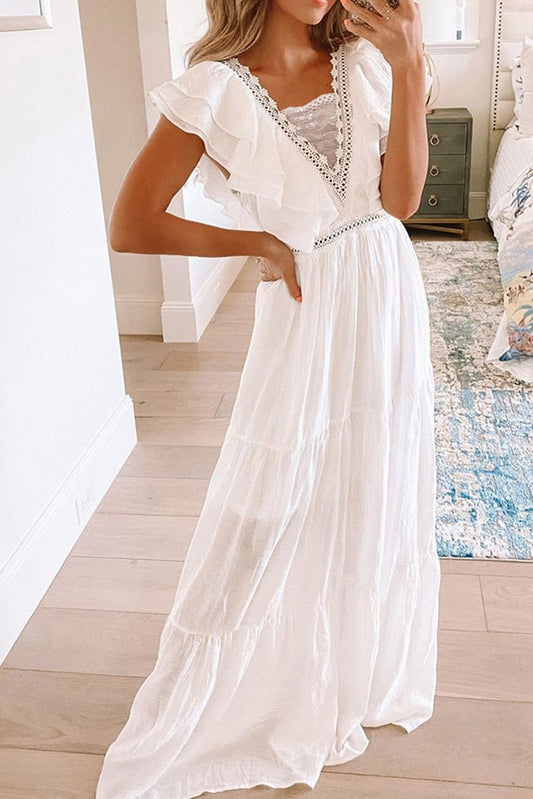 White Lace Contrast V Ne k Ruffled Maxi Dress